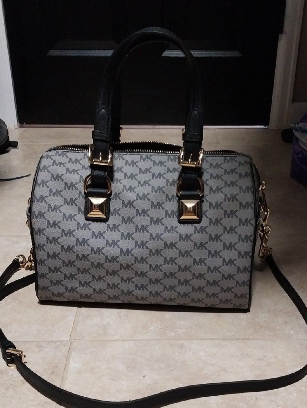 Michael Kors Gray and Black Logo Satchel with Gold Hardware